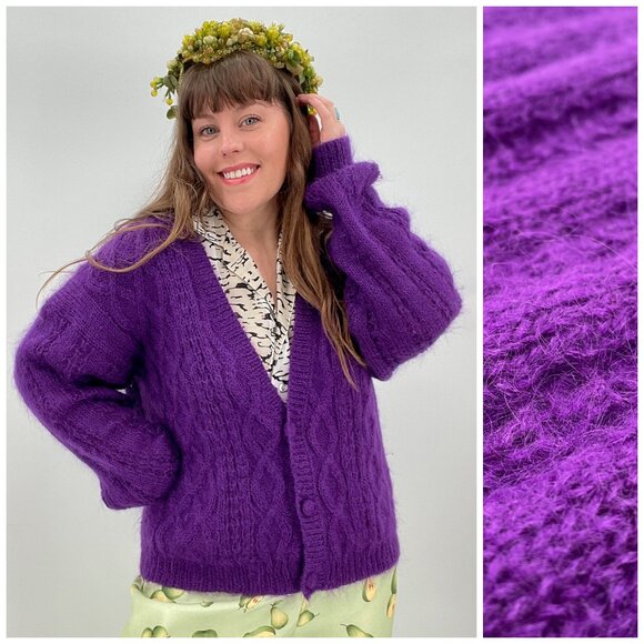 Vintage Purple Mohair Cardigan V Neck Sweater by Autograph | Size L/XL - Picture 1 of 13